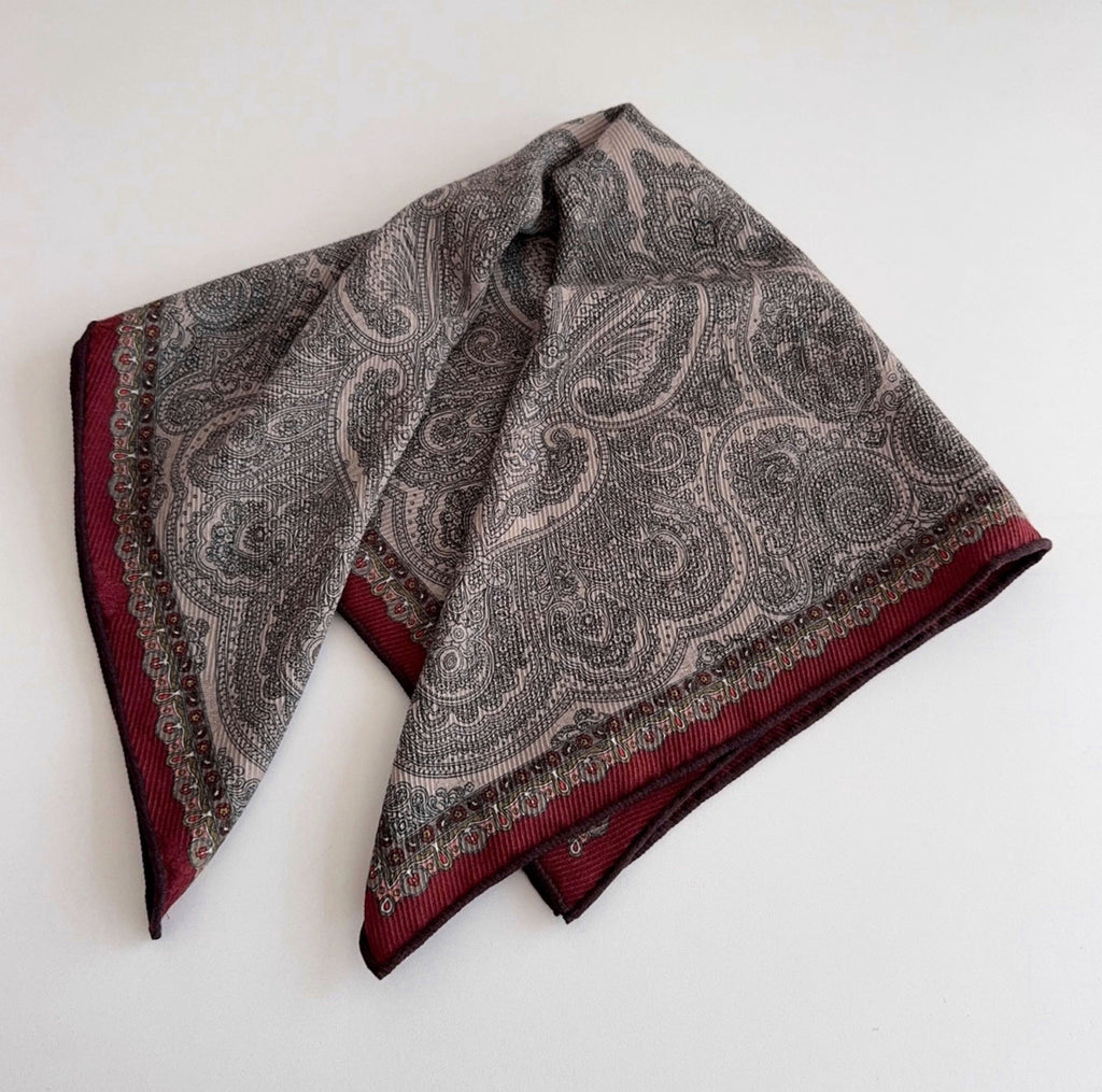 Brown paisley scarf, Twill printed mulberry silk shawl, Silk and wool scarf, Women's handbag square scarf, Double-sided pattern,Gift for her