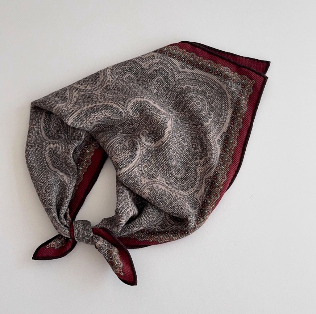 Brown paisley scarf, Twill printed mulberry silk shawl, Silk and wool scarf, Women's handbag square scarf, Double-sided pattern,Gift for her
