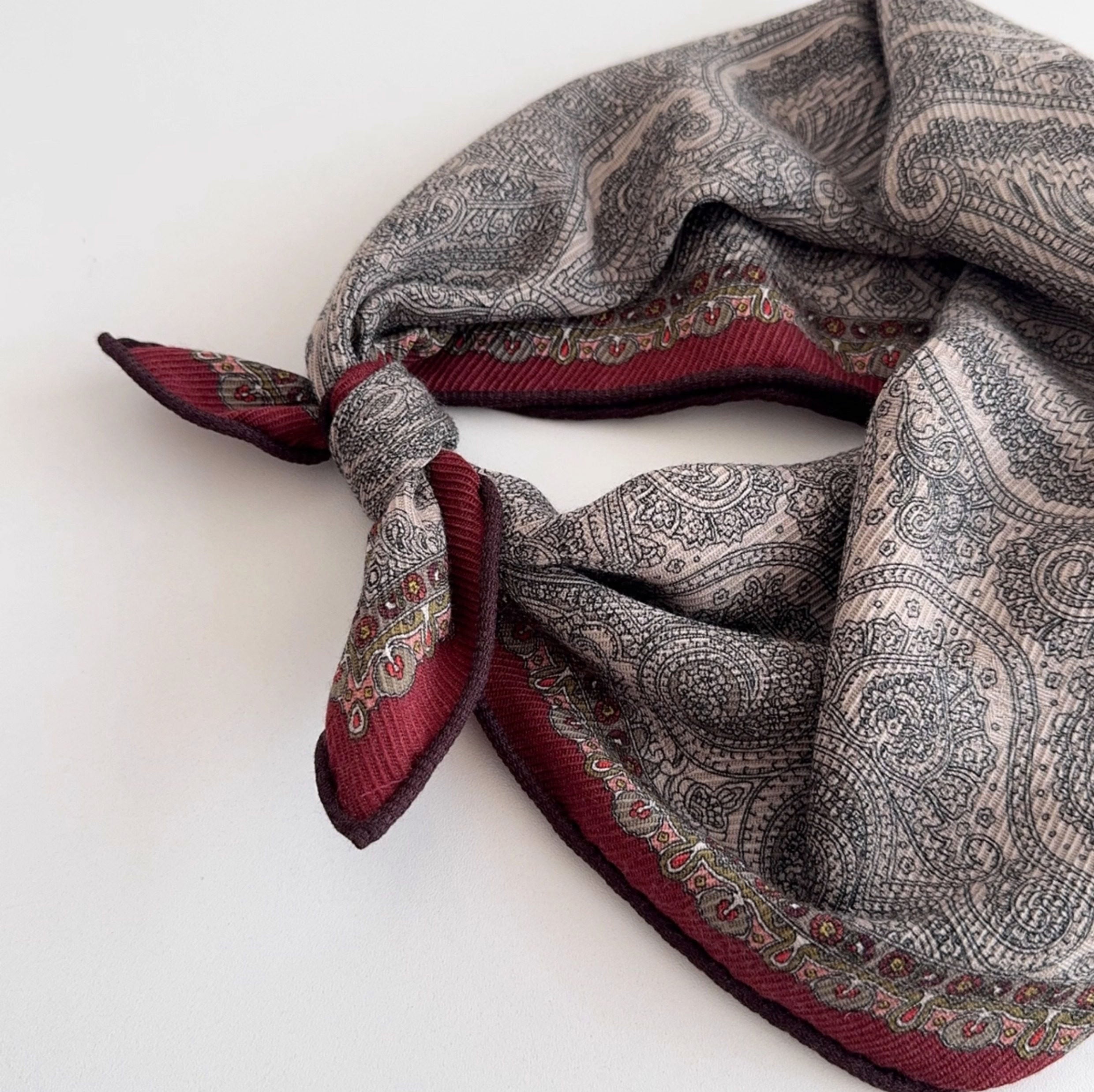 Brown paisley scarf, Twill printed mulberry silk shawl, Silk and wool scarf, Women's handbag square scarf, Double-sided pattern,Gift for her