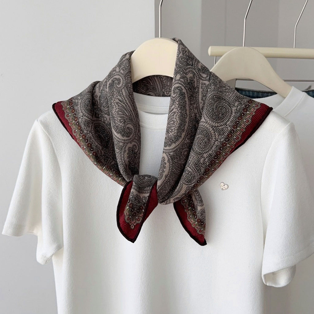 Brown paisley scarf, Twill printed mulberry silk shawl, Silk and wool scarf, Women's handbag square scarf, Double-sided pattern,Gift for her